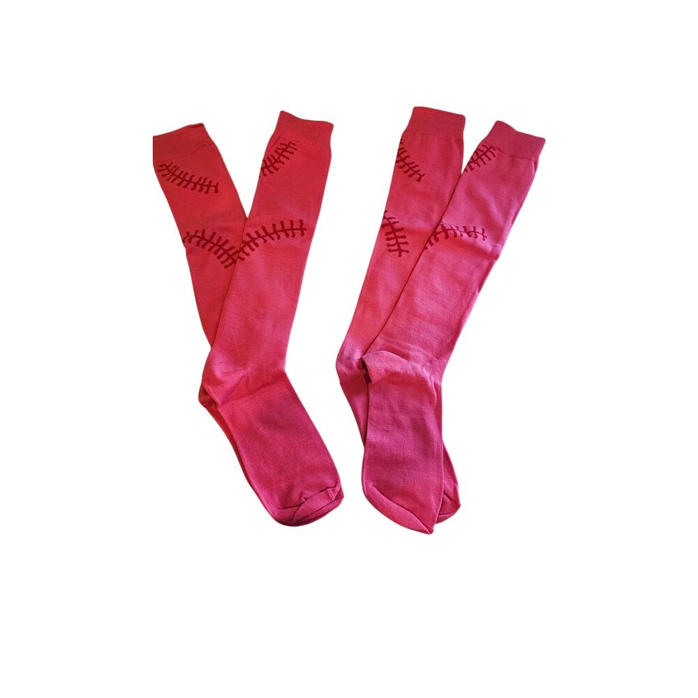 NEW lot of 2 hot pink long knee high socks baseball softball print M womens